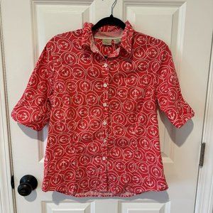 L.L. Bean Pink and White Nautical Anchor Short Sleeve Button Down‎ - Size Medium